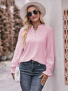 Eyelet Notched Neck Flounce Sleeve Blouse