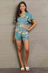 Printed Surplice Neck Flutter Sleeve Blouse and Shorts Set
