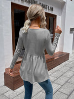 Waffle-knit V-Neck Long Sleeve Blouse