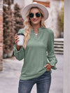 Eyelet Notched Neck Flounce Sleeve Blouse