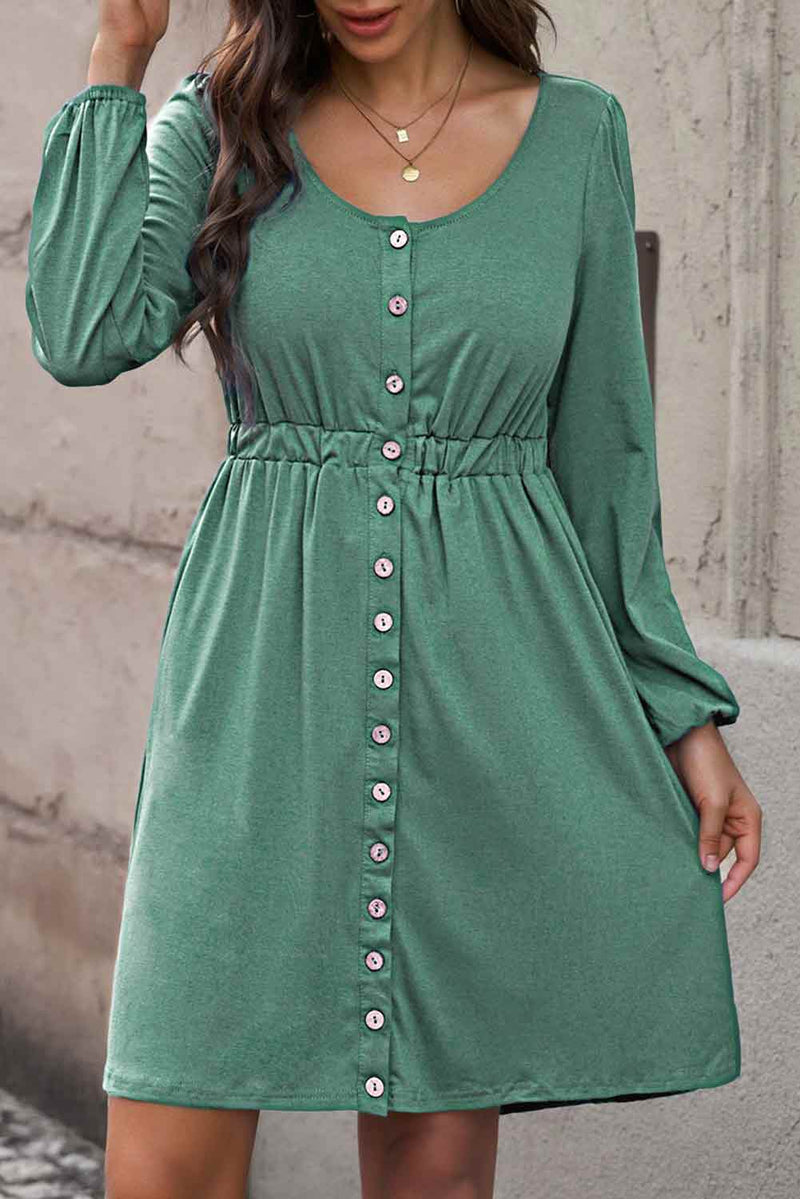 Wholesale MOQ6 Scoop Neck Empire Waist Long Sleeve Mini Dress Wholesale MOQ6 Scoop Neck Empire Waist Long Sleeve Mini Dress
