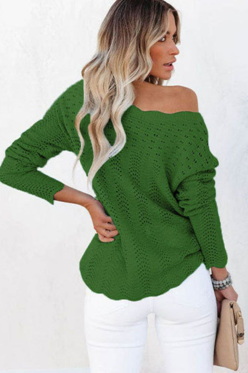 Scalloped Boat Neck Openwork Tunic Sweater