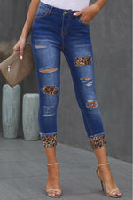 Leopard Patch Distressed Cropped Jeans