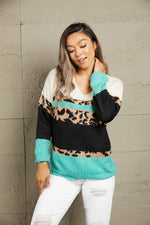 Woven Right Leopard Color Block V-Neck Rib-Knit Sweater