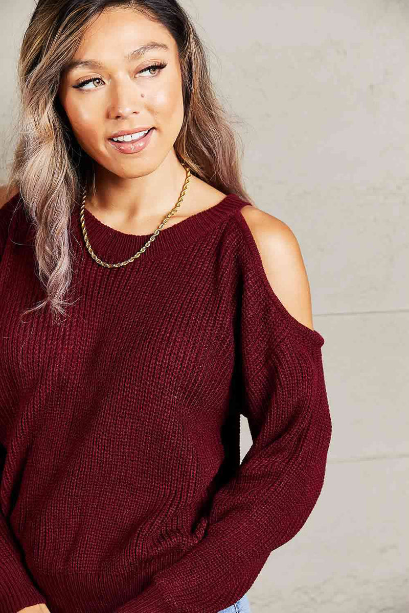 Double Take Round Neck Cold-Shoulder Ribbed Sweater