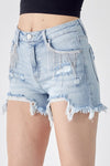 RISEN Frayed Hem Denim Shorts with Fringe Detail Pockets