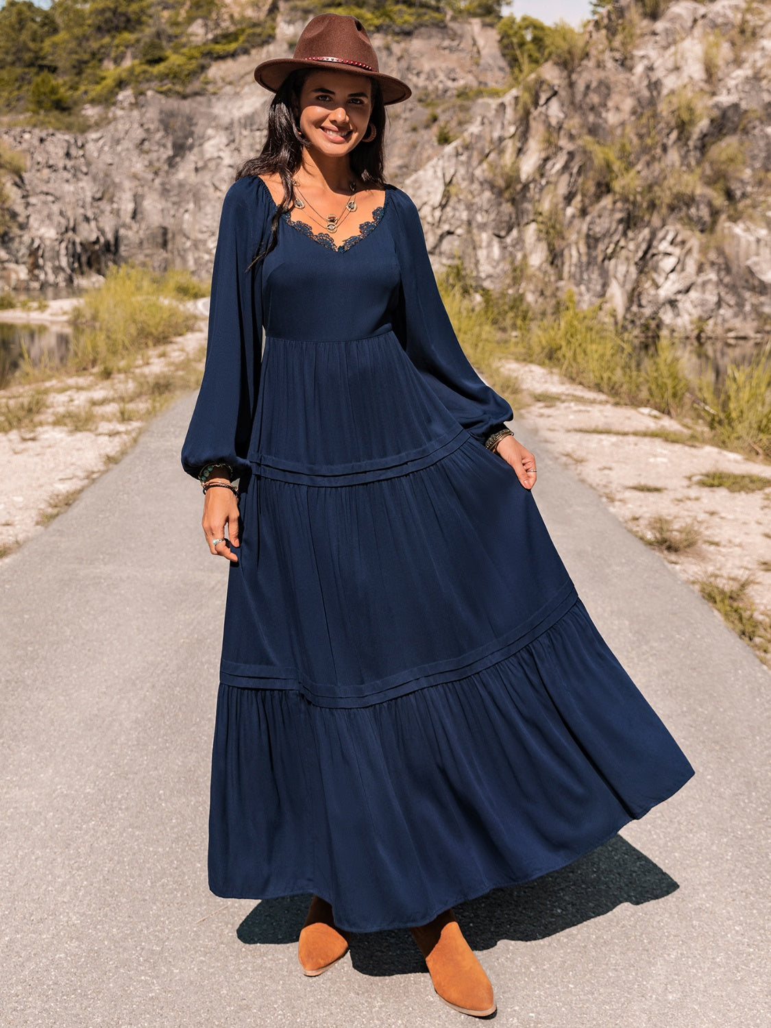 long sleeve blue maxi dress Long Sleeve Lace Trim Maxi Dress Navy / L