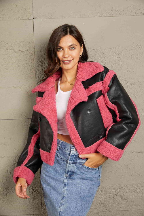 Double Take Contrast Color Double-Breasted Jacket