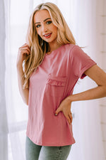 Round Neck Cuffed Sleeve Tee with Breast Pocket