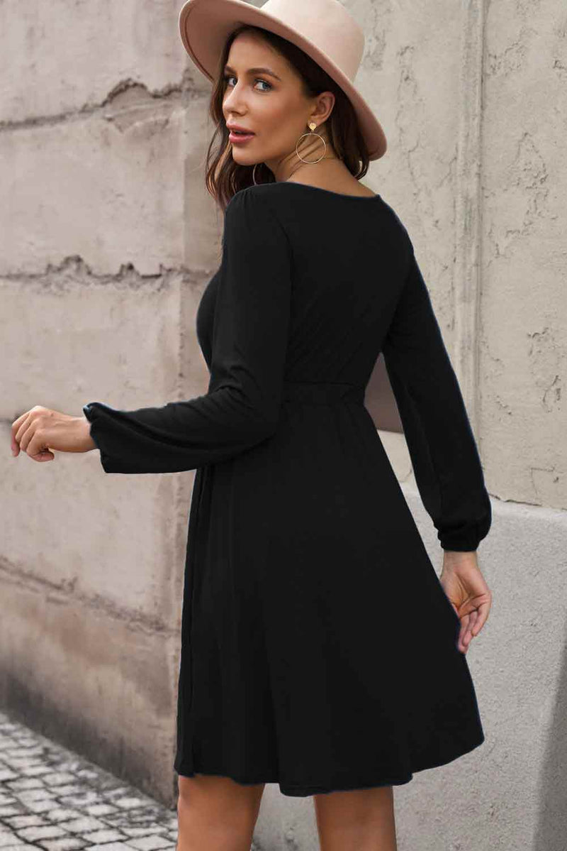 Wholesale MOQ6 Scoop Neck Empire Waist Long Sleeve Mini Dress Wholesale MOQ6 Scoop Neck Empire Waist Long Sleeve Mini Dress