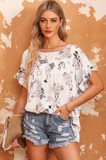 Floral Boat Neck Flounce Sleeve Blouse