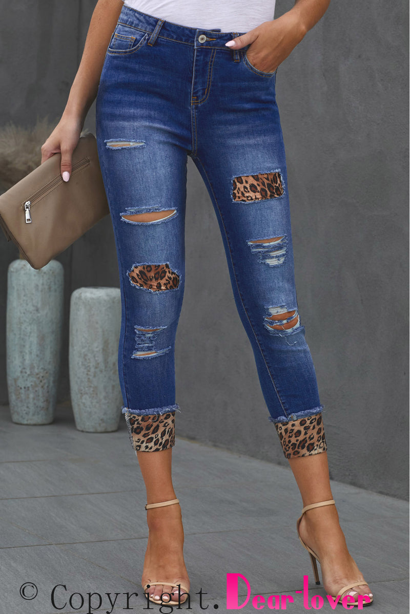 Leopard Patch Distressed Cropped Jeans