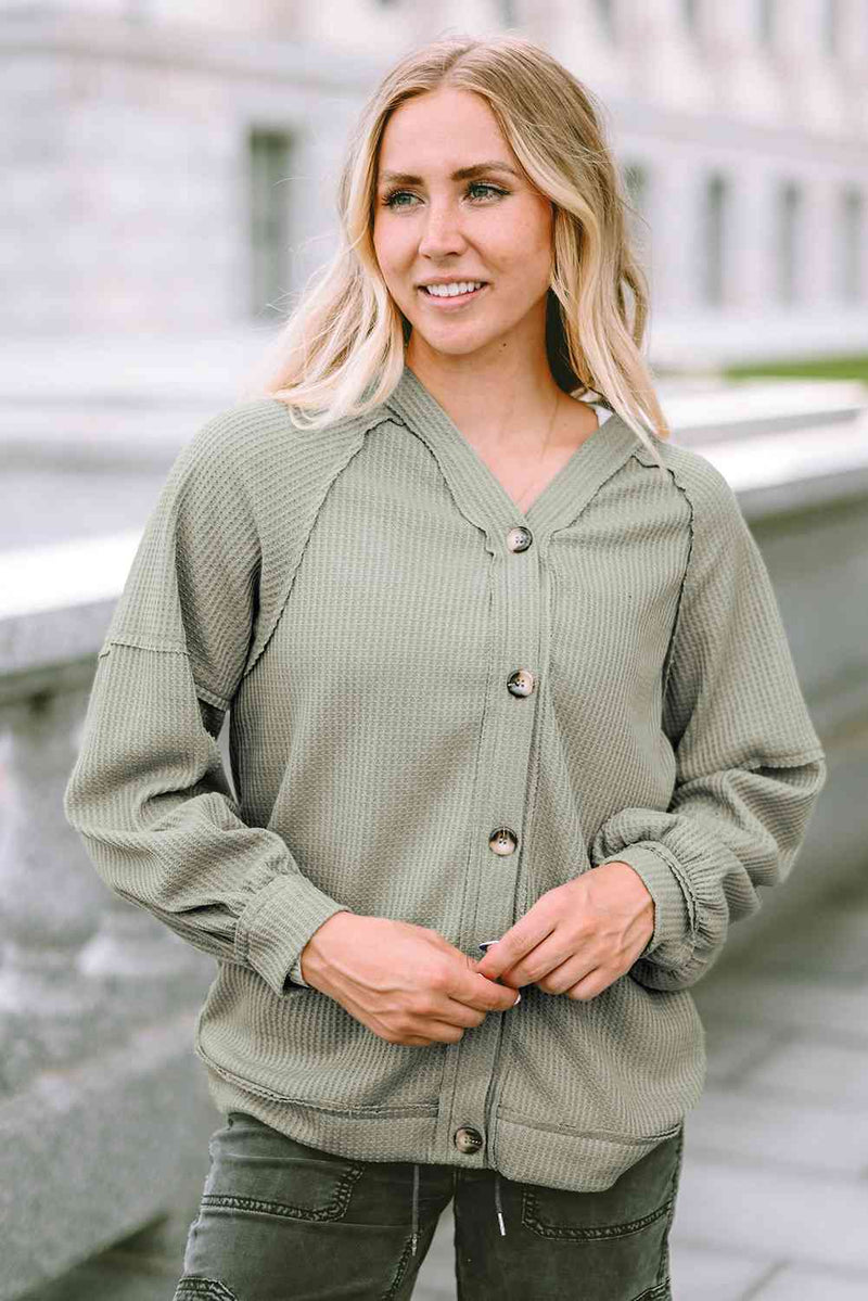 Button Down V-Neck Waffle Knit Shirt