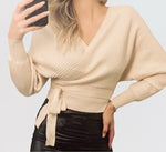 Tie Front Long Sleeve Pullover Wrap Sweater