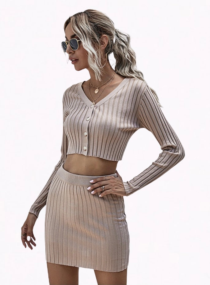 Button Front Crop Sweater and Skirt Set