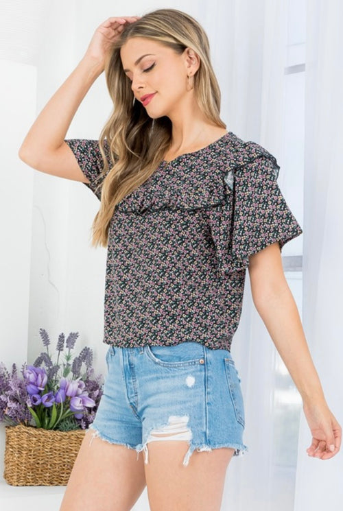Black Floral Ruffle Top