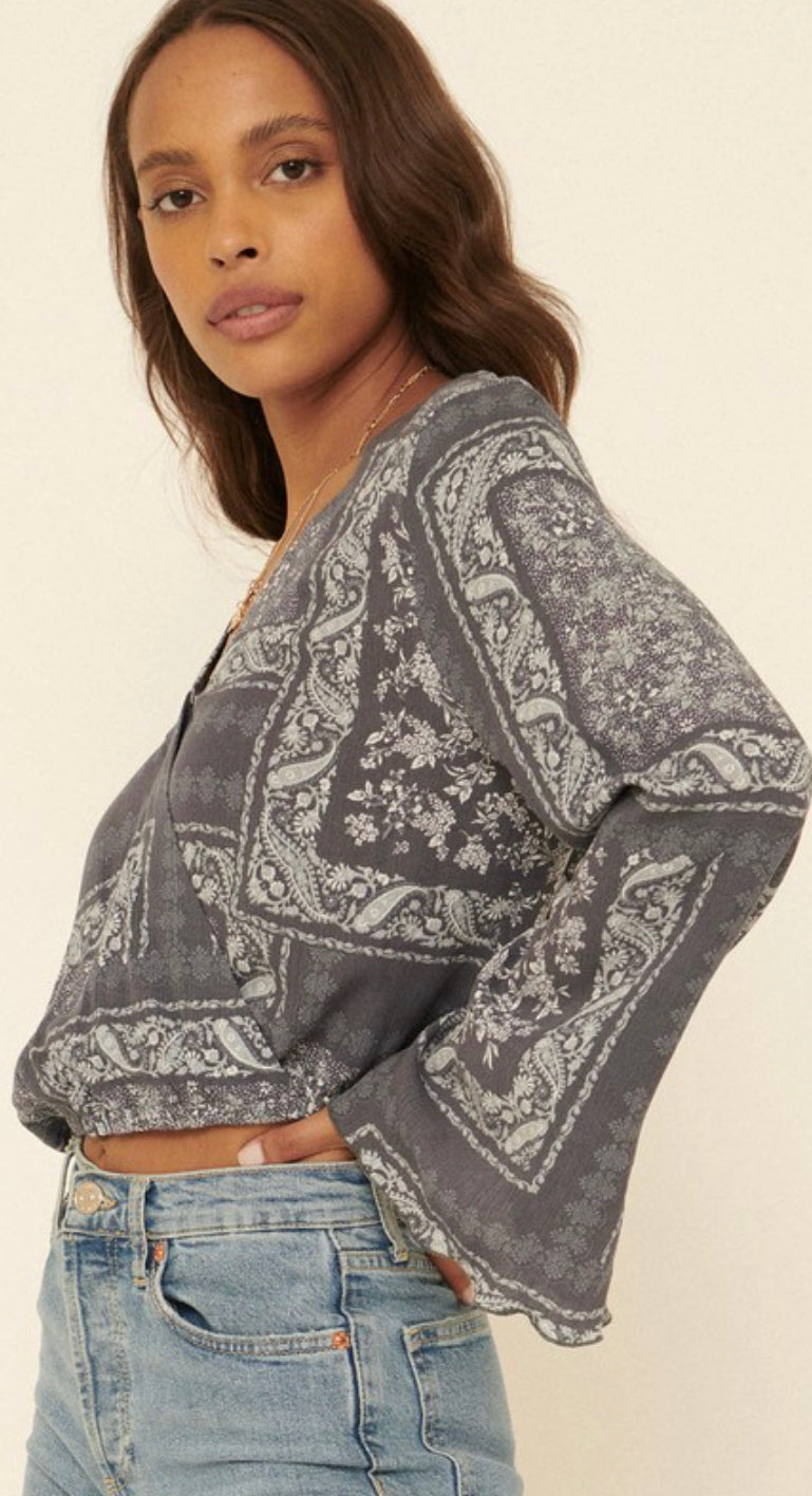 Patch Print Flared Long Sleeve Woven Top